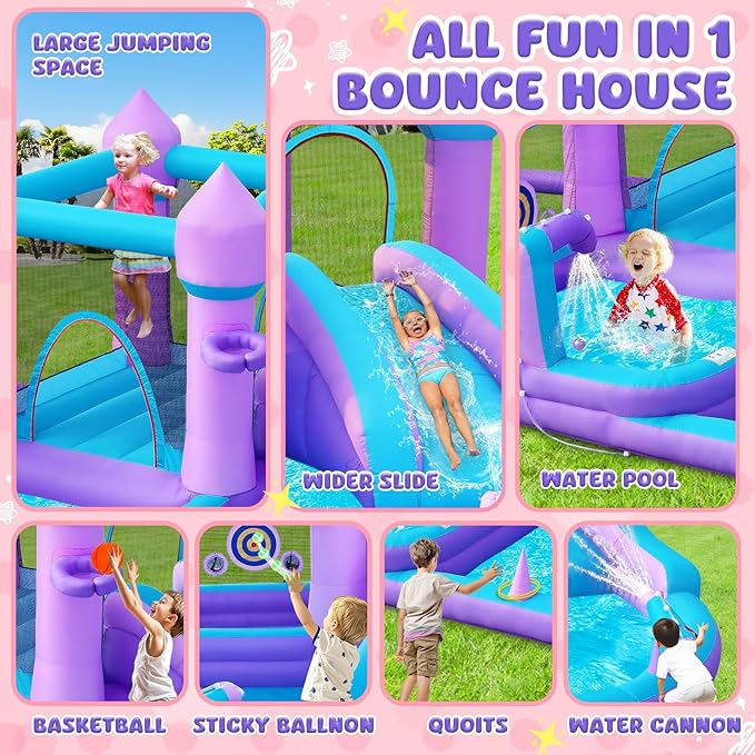 Water Bounce House for Kids 3-8, Purple Large Inflatable Bouncy Castle with Water Slide 480W Air Blower Jumping Space Ball Pit Swim Pool Basketball, Bouncy House for Party Birthday Event Gift