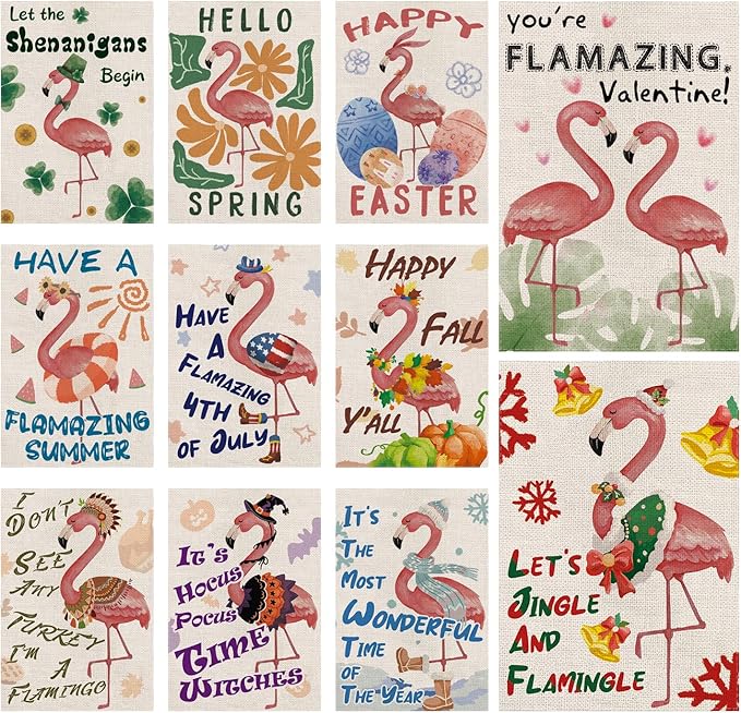 Seasonal Garden Flags Funny Flamingo Flags Double Sided Flag Seasonal Set of 11 Holiday Christmas Gifts Farmhouse Indoor Outdoor Yard Lawn Decorations 12.5x18 Inch