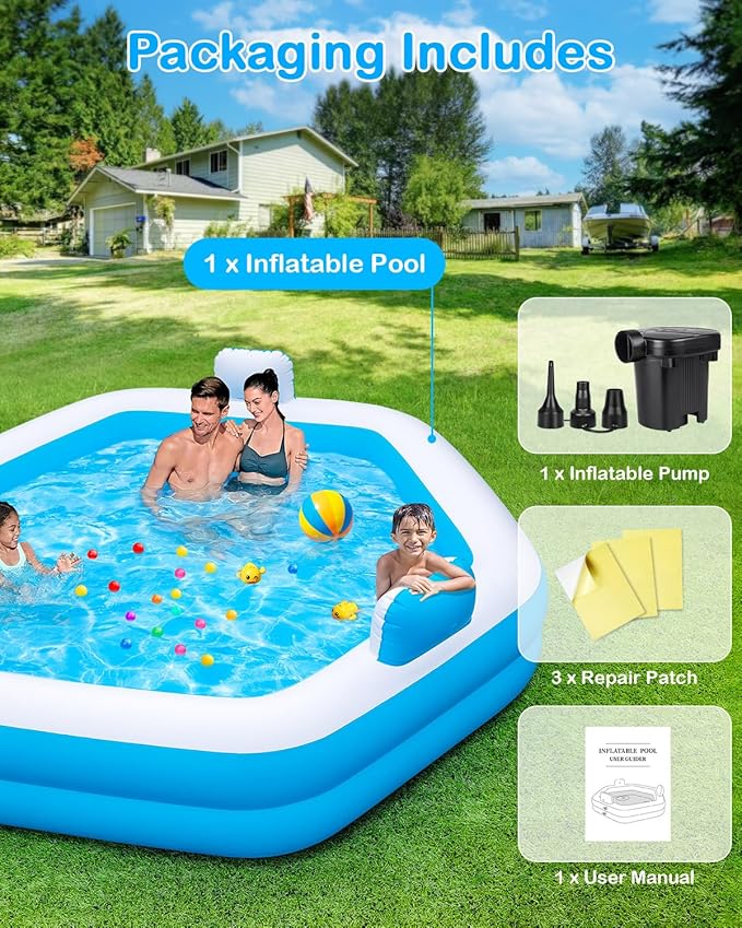 Inflatable Pool for Adults, 77" X 71" X 22" Large Blow Up Pool with Pump, Oversized Thickened Full Size Family Swimming Pools for Outdoor Backyard Summer Water Party Indoor Use