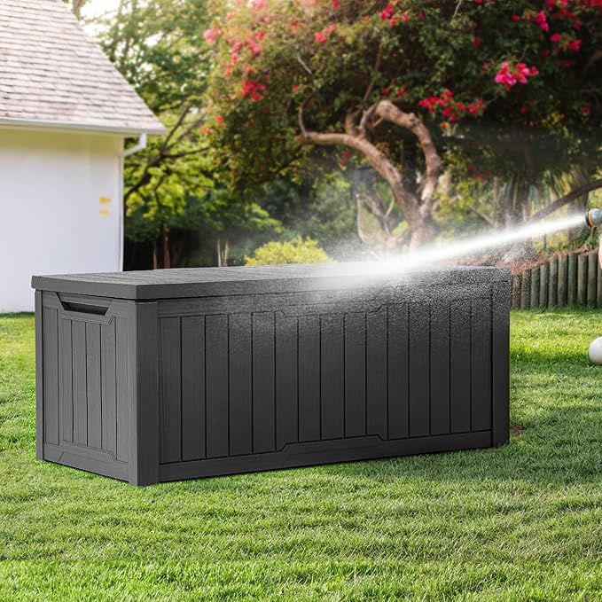 YITAHOME Outdoor Storage Box, 120 Gallon Waterproof Deck Box for Garden Tools, Patio Cushions, and Pool Accessories, Lockable, Easy Assembly, Versatile Bench or Table (Dark Gray)