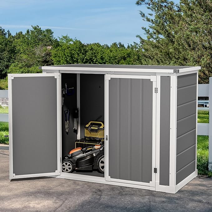 DWVO 41Cu.ft Horizontal Resin Storage Shed Without Shelf, All Weather 4.7x2.5 FT Outdoor Storage Shed with Hydraulic Struts, 3 Locks, Lockable to Floor for Garden Tools, Trash Cans, Gray