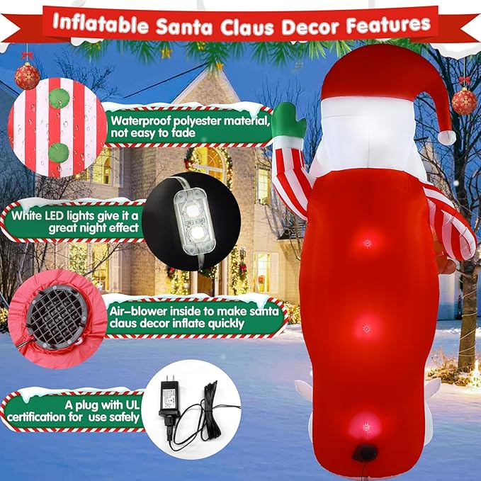 Christmas Inflatable Santa Claus Outdoor Decorations 8ft Giant Blow Up Yard Striped Santa Inflatables Cute Xmas Winter Blowups Led Lights Decor Rabbit for Holiday Vacation Outside Lawn
