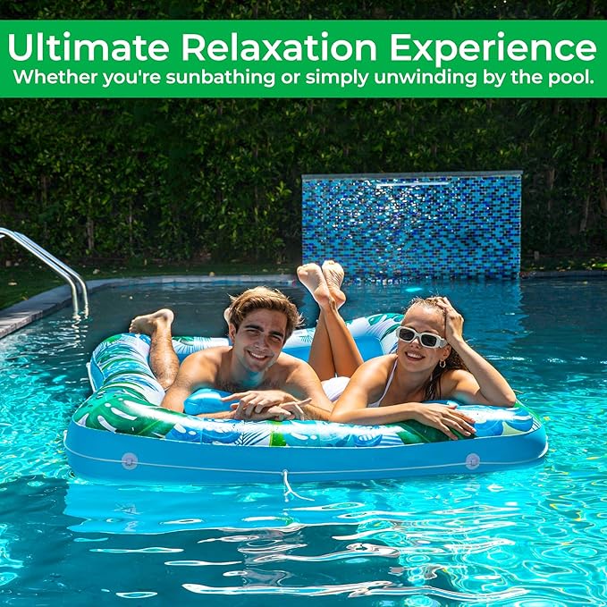 JAMBO XXL Inflatable Tanning Pool Lounger Float, 80 x 56 Sun Tanning Pool Float with Pillow Water Lounge Raft Pool Floatie for Adults Tanning Raft Pool Tub Water Tanning Bed Kiddie Pool Tanning Floats