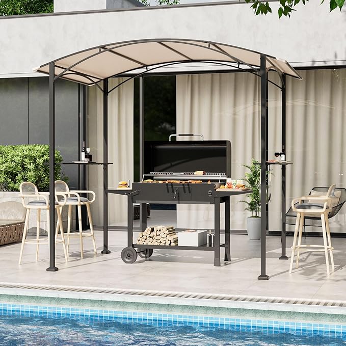 Gotland 8'x 5' Outdoor Grill Gazebo, BBQ Canopy Shelter with 2 Metal Openwork Shelving Units & 5 Tool Hooks, Curved Waterproof Top for Party, Backyard, Poolside Khaki