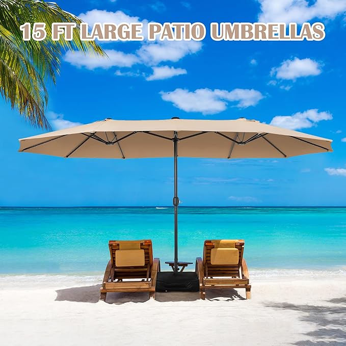 Sundale Outdoor Olefin 5-Year-Non-Fading 15 ft Patio Umbrella with Sand Bag Base and Cover, Large Outdoor Double-Sided Umbrella