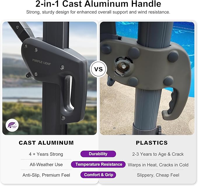PURPLE LEAF 10 FT Outdoor Umbrella with Base Patio Cantilever Aluminum Umbrella with 3 Years Fade Resistance Recycled Fabric Offset Square with 360-degree Rotation for Deck Pool Garden, Ash Mocha