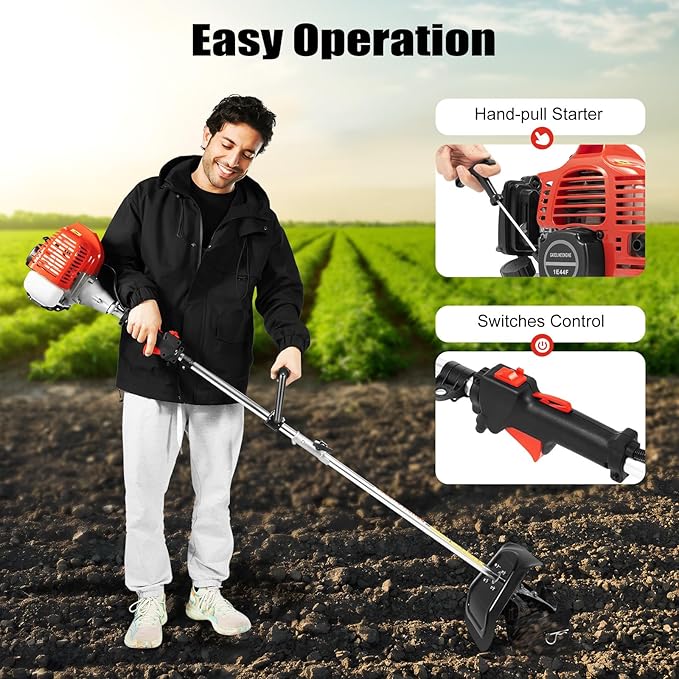 2-Stroke 42.7cc Gas Powered Trimmer, Grass Pruner Rototiller, Gasoline Engine Trimmer Machine Handheld Efficient Trimming Tools