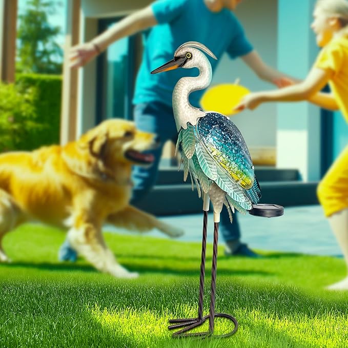 HONGLAND Solar Heron Metal Crane Statue Garden Heron Sculpture, Glass Outdoor Crane Yard Art Coastal Ocean Bird Decor 24 Inch Lawn Ornament for Backyard Porch Patio Decor（Green）