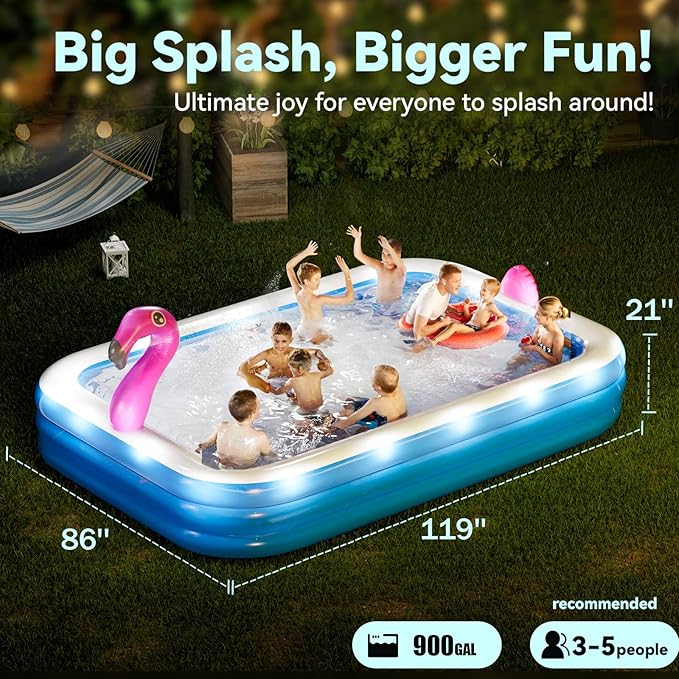 Dragon Inflatable Pool with Lights, Oversized 119"x86"x21" Family Inflatable Kids Pool Flamingo& Swan Inflatable Swimming Pool for Adults Blow up Pool for Backyard（with Electric Pump）