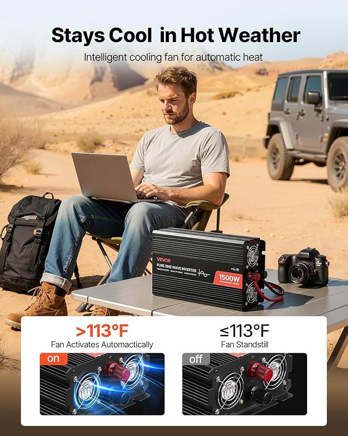 VEVOR 1500W Power Inverter, 12V DC to 120V AC Pure Sine Wave Inverter, Car Charger Converter with Remote Control, USB & Type-C Ports, 4 AC Outlets, Fast-Charging for RV, Truck Outdoor Camping