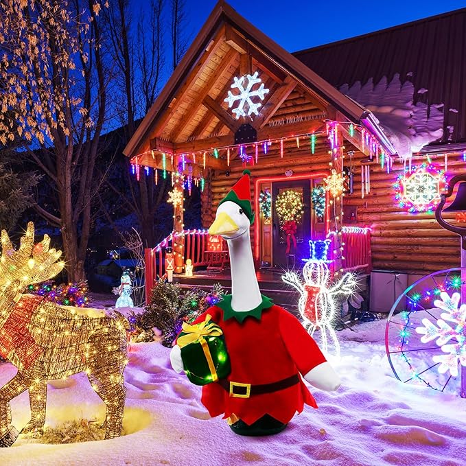 Christmas Toy Soldier Style Porch Goose Outfits,2 Pcs/Set Goose Clothes with Pointed Hat and Gift Box Fits 23" Lawn Goose Statue,Red Christmas Outdoor Goose Costume,Yard Patio Garden Xmas Decor