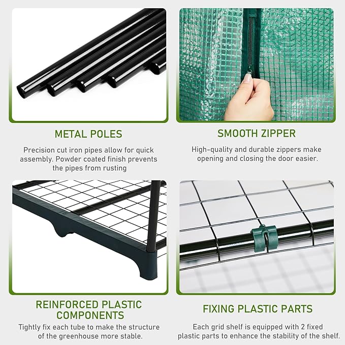 Outvita Walk-in Greenhouse, Outdoor Durable PE Plant Green House for Frost Protection with 3 Tiers 8 Shelves, Shelf Clips, Roll-up Zipper Door, 56"x56"x77" Green
