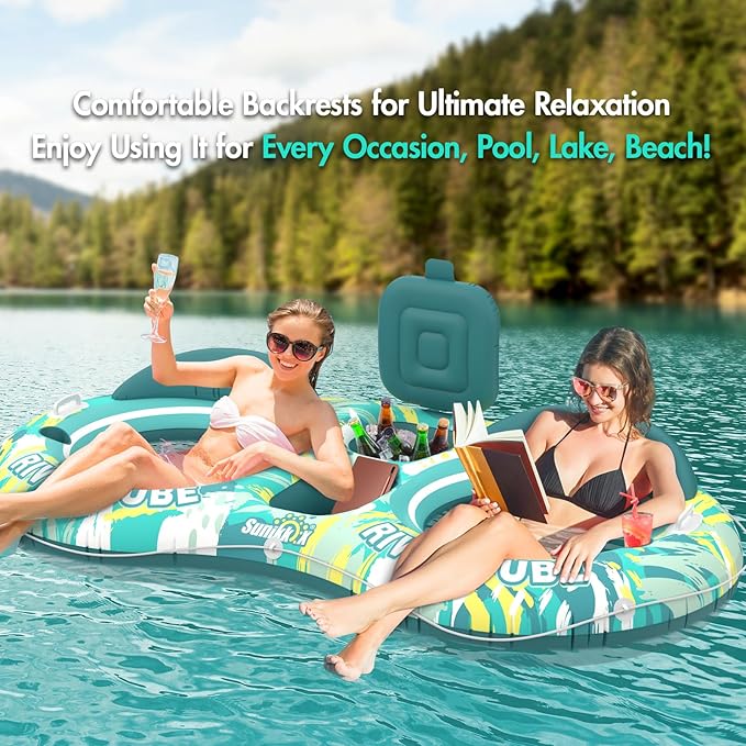 5-in-1 Pool Floats Adult Heavy Duty River Tube, 2 Person Water Lounge with Backrests, Built-in Cooler, Cup Holders, Deluxe Pool Float for Summer Relaxation