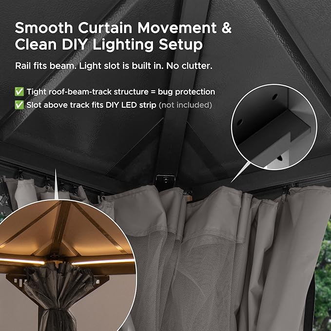 SUNJOY Kingston 10' x 10' Hardtop Gazebo with Galvanized Steel Double Roof, Curtain and Netting, Woodgrain Finish Aluminum Posts Permanent Pavilion Gazebo for Garden, Patio, Deck, Lawn