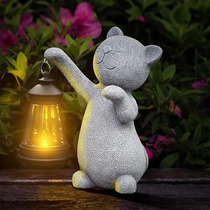 Statues for Garden Decor，Solar Cat Outdoor Statues Outside Decor for Yard Art Lawn Ornaments Porch Patio Balcony Hoe House - Birthday for Grandma Mom Women