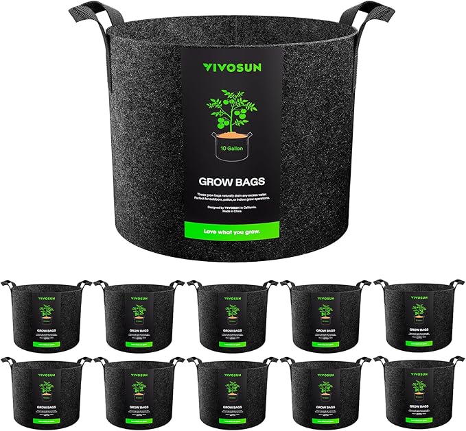 VIVOSUN 10-Pack 10 Gallon Grow Bags, Reinforced Planter Fabric Pots for Gardening Black