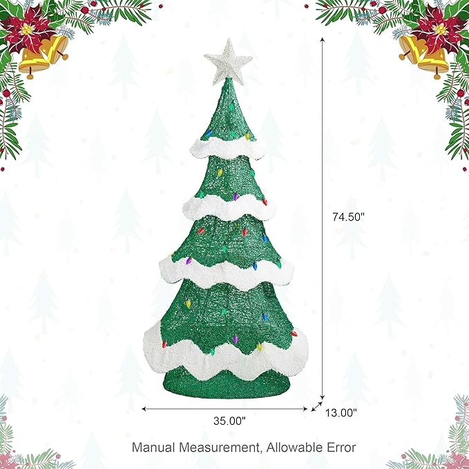 Glitzhome 6FT Outdoor Lighted 3D Christmas Tree, Large Mesh Christmas Tree Holiday Yard Decoration with Colorful Bulbs and 261 Green LED Lights, for Xmas Lighted Holiday Display Indoor Outdoor