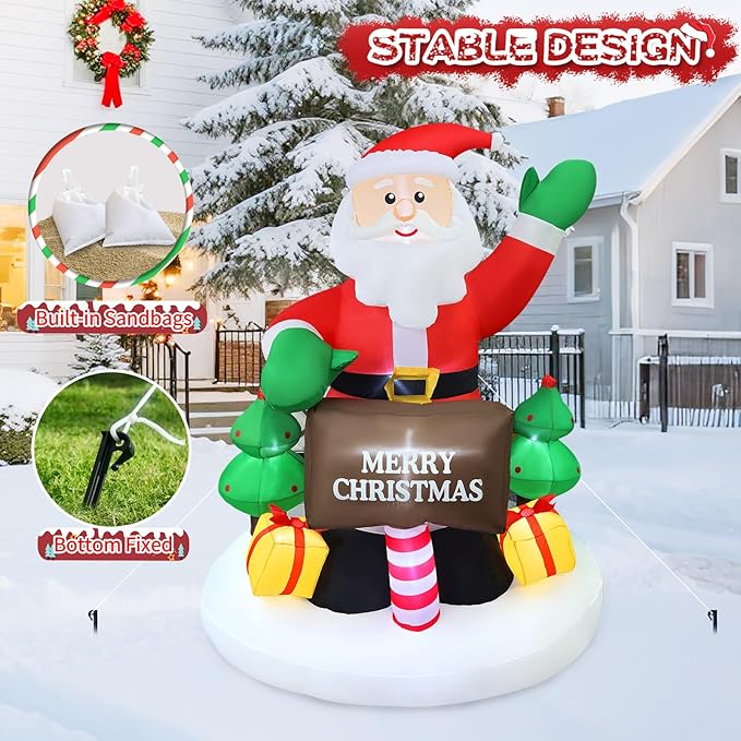 2025 Christamas Inflatable Santa 6FT Holding Sign Santa Claus Christamas Inflatables Outdoor Decorations Xmas Santa Blow Up Yard Decor with 8 Built-in LEDs for Holiday Party Yard Garden Lawn Decor