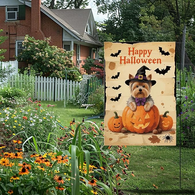 Halloween Garden Flag Yorkshire Bat Fall Halloween Themed Holiday Party Outside Outdoor Lawn Decorations Yard Flag Double Sided 12x18 Inch