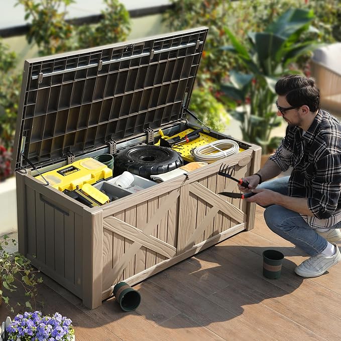YITAHOME 120 Gallon Large Deck Box with X-Shaped Front, Resin Outdoor Storage Boxes, Waterproof Cushion Storage Bench for Patio, Pool Supplies, Garden Tools - Lockable, Taupe