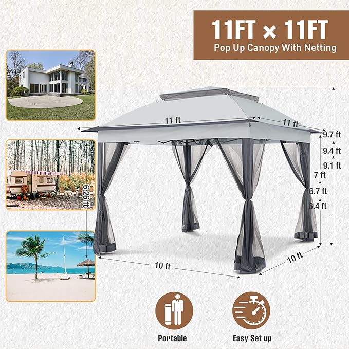 11x11 Outdoor Pop up Gazebo Tent with Mesh Walls for Patio, Lawn, Backyard and Deck, Gray