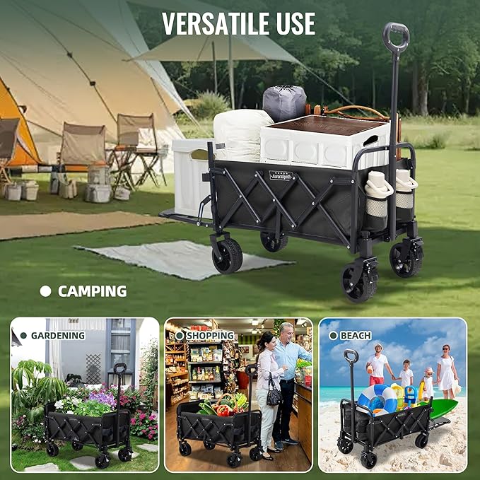 40'' Extra Long Collapsible Wagons Carts Foldable, 360LBS Foldable Wagon Cart with Wheels, Heavy Duty Portable Utility Wagon for Grocery, Shopping, Sports Garden & Camping - Black