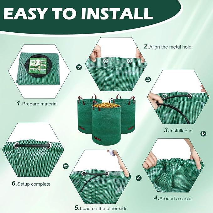 72 Gallons Lawn and Leaf Bags,Reusable Yard Waste Bags with Gardening Gloves,Heavy Duty Garden Bags with 4 Handles for Lawn Care, Camping & Recycling(3 Pack）