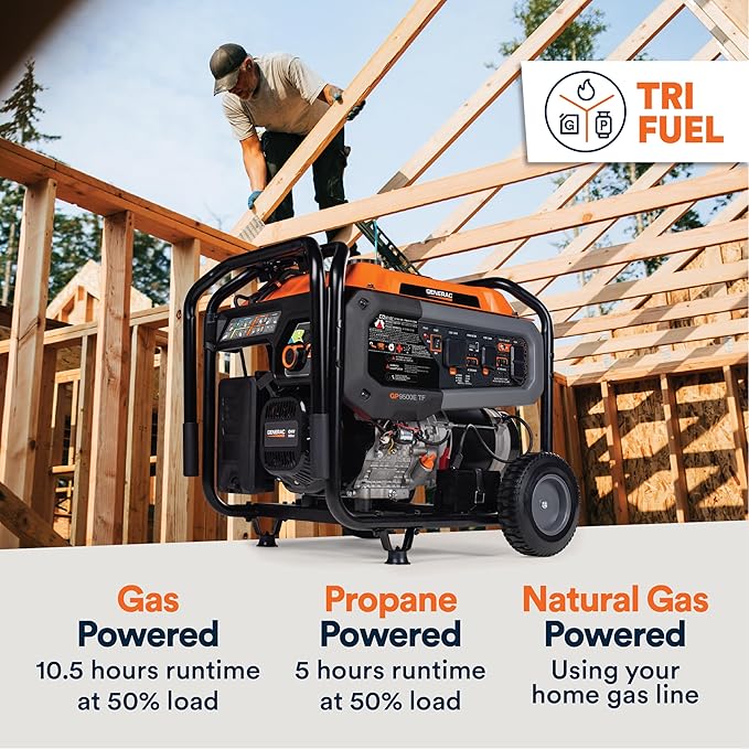 Generac 12,500 Starting Watt Tri-Fuel Portable Generator - Electric Start - Gas, Propane or Natural Gas - Home Backup, Jobsite, or RV - Quiet Operation - Long Runtime - 50-State Compliant