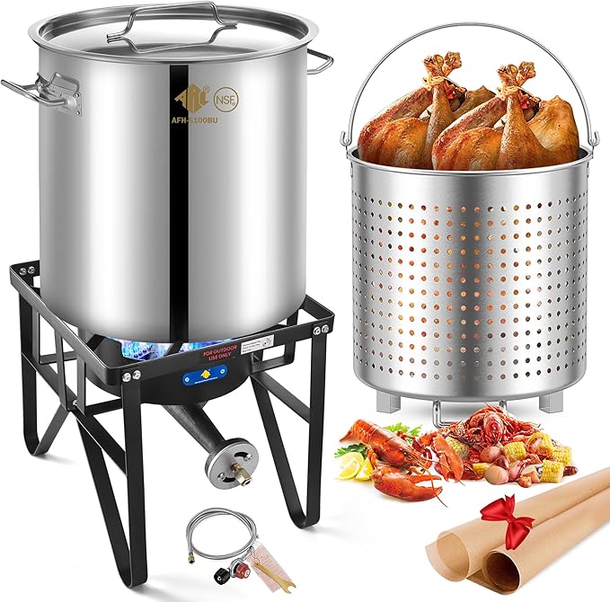 ARC 100QT Stock pot Seafood Boil Pot and Propane Stove with 200,000BTU, Stainless Steel Crawfish Boil Pot with Basket and Steamer Rack, Burner for Outdoors Cooking and Steaming