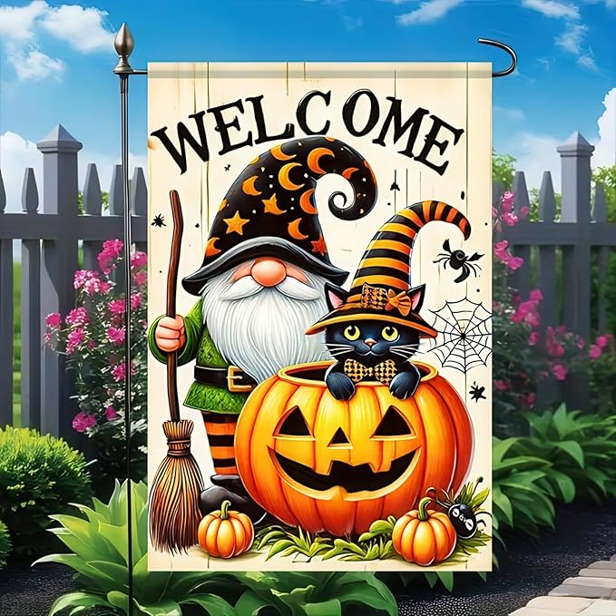 Welcome Halloween Gnome Decorative Garden Flag Halloween Black Cat Garden Flag 12x 18 Inch Double Sided Spooky Pumpkin Welcome Yard Flag Holiday Seasonal Outdoor Outside Decoration