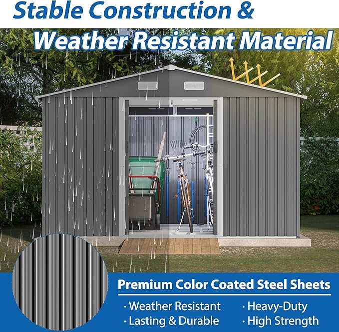 Spacious 10X8 FT Outdoor Storage Shed, All Weather Metal Sheds with Lockable Doors, Tool Shed for Garden, Patio, Backyard, Lawn, Black