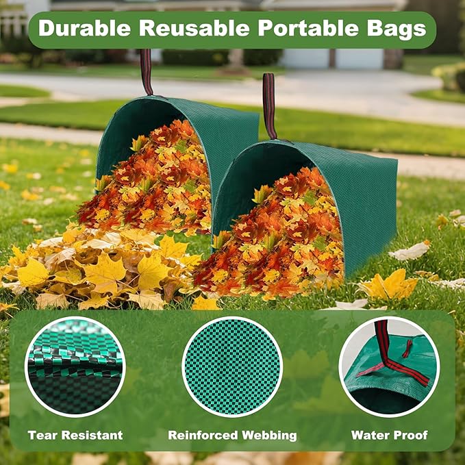 2 Pack 40 Gallon Dustpan Type Lawn Bags Reusable Collapsible Heavy Duty Leaf Bags Yard Waste bags Collecting Leaves Lawn Grass Branches