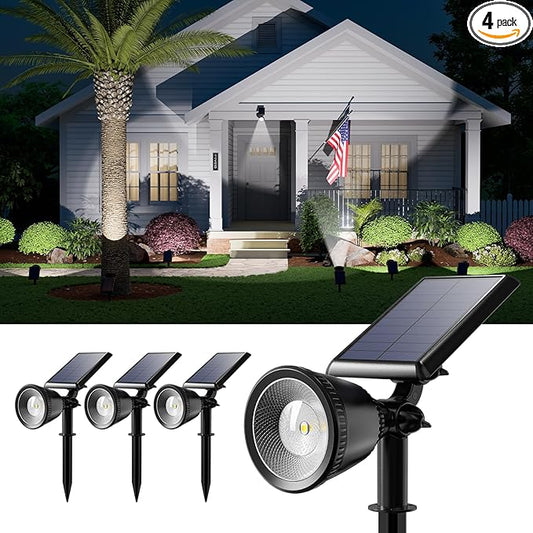 4 Pack Solar Powered Spotlights Outdoor Waterproof for Tree, Flag, House, Ground Landscape Bright Sunset Spot Lights for Outside Yard, Garden, Lawn, Driveway with Adjustable Lamp & Panel, Cool White