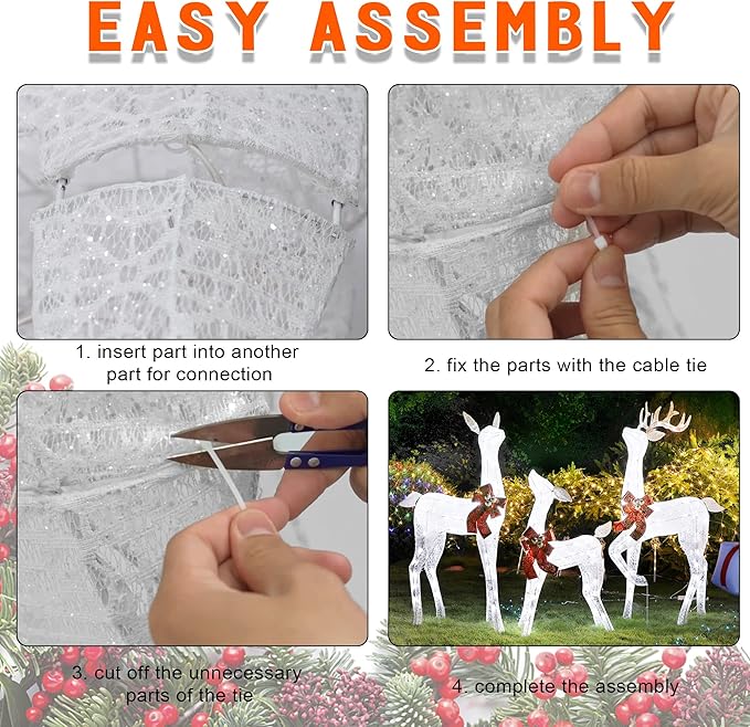 Lulu Home Christmas Yard Decoration, Set of 3 Pre-lit White Reindeer with 265 LEDs White Lights, 3D Light Up Glittered Standing Reindeer Family for Xmas Lighted Holiday Display Indoor Outdoor