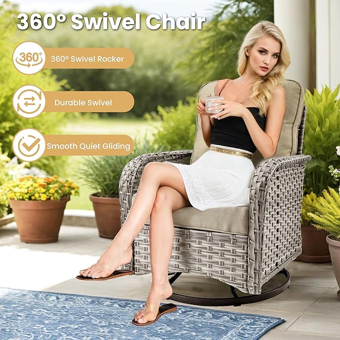 HOOOWOOO Outdoor Sectional Furniture Set with Fire Pit Table,9 Pieces Wicker Patio Conversation Sets,L Shape All Weather Outside Couch Sofa Set with Swivel Chairs Ottoman,Beige