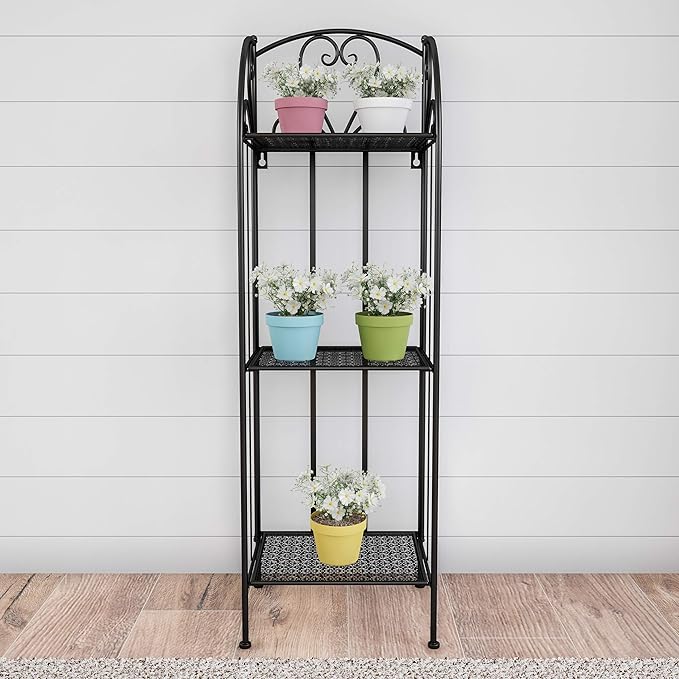 Pure Garden Plant Stand 2-Tiered Indoor or Outdoor Decorative Vintage Look Wrought Iron Garden Cart for Patio, Deck, Home or Lawn (Black)
