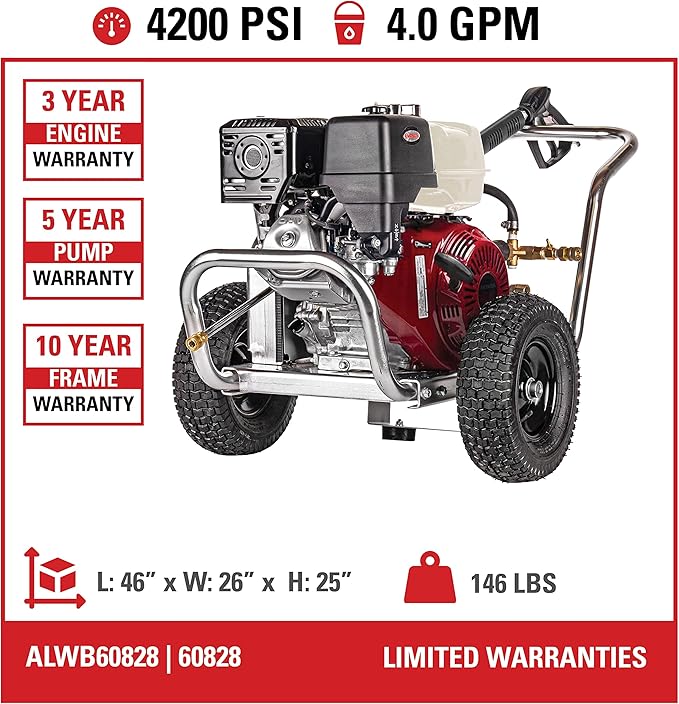 Simpson Cleaning 4200 PSI Gas Pressure Washer, 4.0 GPM Power Washer for Commercial Use, Honda Engine, 50-Foot Hose, Aluminum Water Blaster, 49-State (ALWB60828)