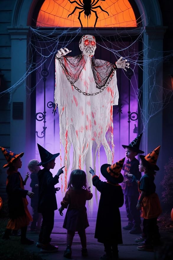 Joomer Animated Halloween Decorations, Life-Size Animatronic Hanging Ghost Scary, Faceless Grim Reaper Swing White Robe with Creepy Sound and Light for Indoor Outdoor Horror Decor