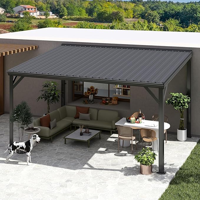 Domi 10’x14’ Lean-to Gazebo, Hardtop Wall-Mounted Gazebo Pergola with Sloping Galvanized Steel Roof and Upgraded Drainage System, Outdoor Permanent Metal Shelters for Patio Backyard Deck, Grey