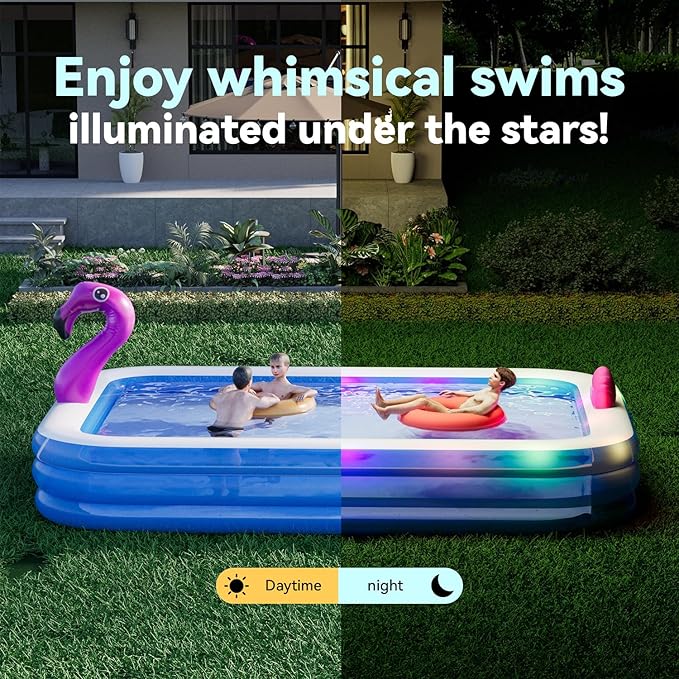 Dragon Inflatable Pool with Lights, Oversized 119"x86"x21" Family Inflatable Kids Pool Flamingo& Swan Inflatable Swimming Pool for Adults Blow up Pool for Backyard（with Electric Pump）