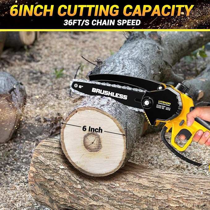Cordless Mini Chainsaw, 1000W High Power Brushless Power Chainsaw, 2025 Upgraded 6 Inch Electric Chain Saw with 4000mAh Lithium-Ion Battery and Charger for Garden Yard Tree Branch Wood Cutting