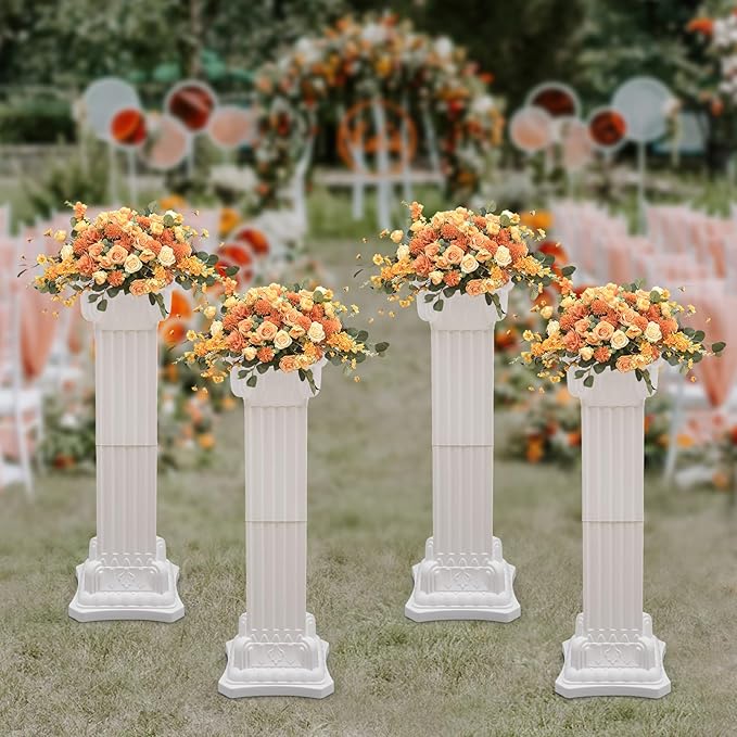 Roman Column Pedestal, Plastic White Columns for Weddings Indoor/Outdoor Roman Pillar Stand for Table Sculptures, Vase, Garden Decor (4PCS, 11.8 x 35.4 Ihch Square)