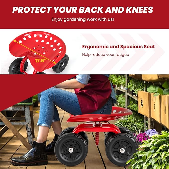 Rolling Garden Seat, Garden Cart with 360° Swivel Work Seat & Adjustable Height, Heavy Duty Garden Seat with Wheels for Lawn Yard Patio Greenhouse Planting Cleaning (Red)