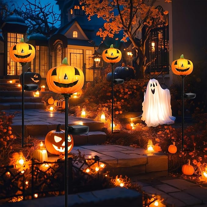 Afirst Halloween Pumpkin Pathway Solar Lights Handblown Glass Halloween Jack O Lantern Halloween Yard Display Solar LED Outdoor Décor Front Porch Decor 2 Pack, Orange
