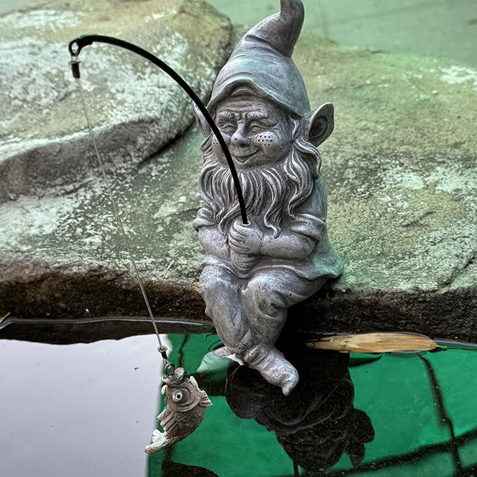 Garden Gnome Pond Statue Decoration, Fishing Gnome Garden Statue Outdoor Koi Pond or Waterfall Decor, 9.7" Stone Gnome Fishing Poolside Statue, Elf Pond Statue, Great Gifts & Housewarming for Mom