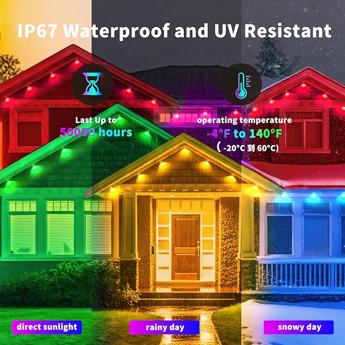 200ft Outdoor RGB LED Lights for House Roof Yard and Patio Waterproof String Lights with Remote Control Great for Christmas Parties and Everyday Ambiance