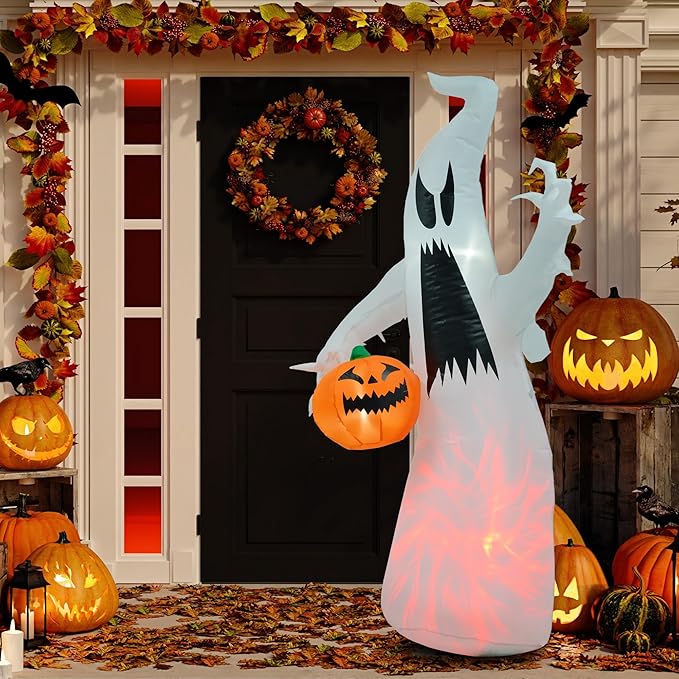 5.9ft Inflatable Halloween Decoration Ghost with Pumpkin, Waterproof Outdoor Decorations, Blow Up LED Yard Decor for Garden, Lawn, Party, Holiday