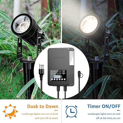 SUNVIE 200W Low Voltage Landscape Transformer with 2 Independent Control Output Landscape Lighting Transformer with Timer and Photocell Sensor 120V AC to 12/14V AC Weatherproof Low Voltage Transformer