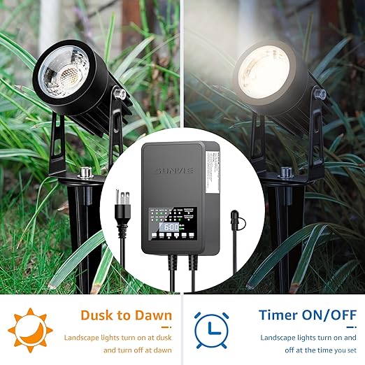 SUNVIE 300W Low Voltage Landscape Transformer with 2 Independent Control Output Landscape Lighting Transformer with Timer and Photocell Sensor 120V AC to 12/14V AC Weatherproof Low Voltage Transformer
