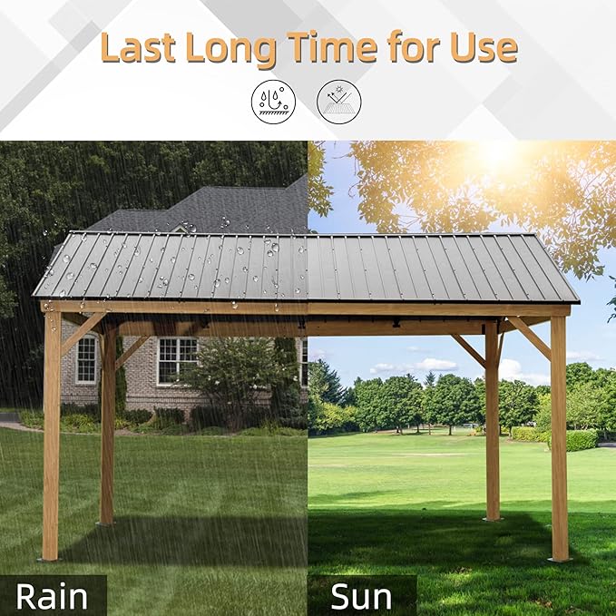 Domi 12’x14’ Hardtop Gazebo Outdoor Aluminum Gazebo with Galvanized Steel Gable Roof for Lawn and Garden(Wood-Looking)